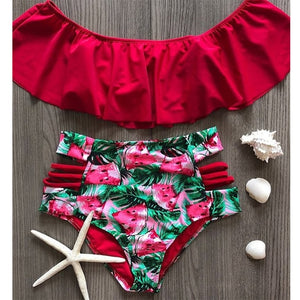 2019 New Sexy High Waist Bikini Swimwear Women Swimsuit Off Shoulder Bathing Suit Biquini Ruffle Brazilian Bikini Set Beachwear