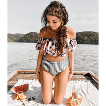 Load image into Gallery viewer, 2019 Sexy bikini Set High Waist Swimwear Women Striped Biquini Ruffled Swim Bathing Suit White Blue Swimsuit Vintage Bikinis