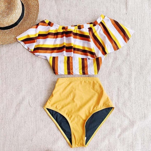 2019 Sexy bikini Set High Waist Swimwear Women Striped Biquini Ruffled Swim Bathing Suit White Blue Swimsuit Vintage Bikinis