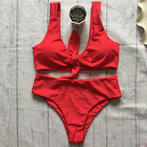 Hot Biquinis 2018 Chest Knotted Swimwear Solid Bikini Set High Waist Bathing Suit Push Up Swimsuit For Women Swimwear