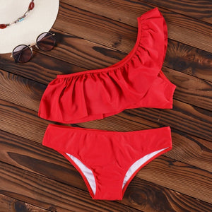 INGAGA Bikinis 2019 One Shoulder Swimsuit Ruffle Swimwear Women Solid Swimming Suit for Women Sexy biquini Beachwear