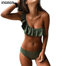 Load image into Gallery viewer, INGAGA Bikinis 2019 One Shoulder Swimsuit Ruffle Swimwear Women Solid Swimming Suit for Women Sexy biquini Beachwear