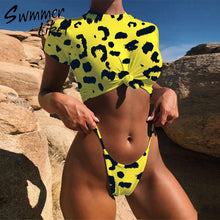 Load image into Gallery viewer, Knot crop top bikini 2019 Leopard swimwear women bathers Yellow push up swimsuit female T-shirt thong bikini sexy bathing suit