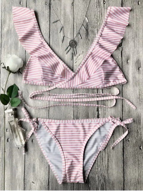 Push up Bikini Set Women Halter Ruffle Biquini Swimwear Low Waist Sexy Swimsuit Women Beach Bathing Beachwear Bandage Bikini Set