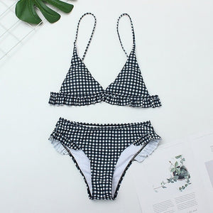 Women Plaid Print Swimsuit Sexy Ruffle Swimwear Brazilian Bathing Suit Bikinis Set Female Summer Halter Beach Wear Biquini