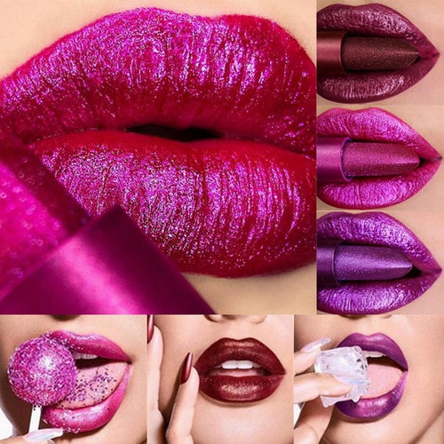 Metallic Color Lipstick Long Lasting Makeup Waterproof Lip Stick Mate Metal Shimmer Sexy Red Lips Make Up Women